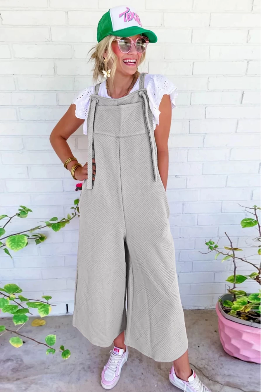 Shewin Women's Light Grey Textured Self-Tie Wide-Leg Overalls with Adjustable Straps