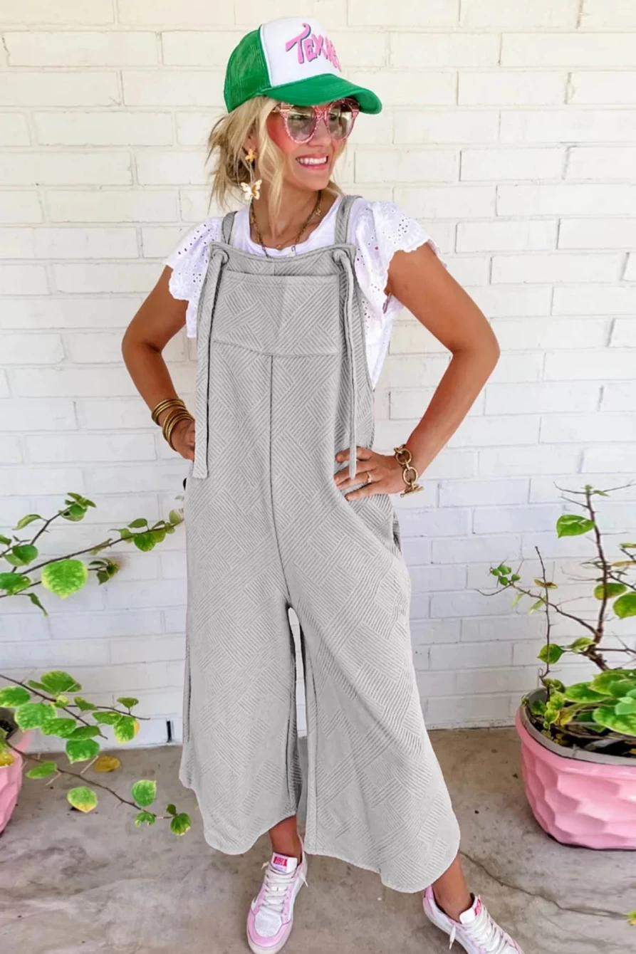 Shewin Women's Light Grey Textured Self-Tie Wide-Leg Overalls with Adjustable Straps