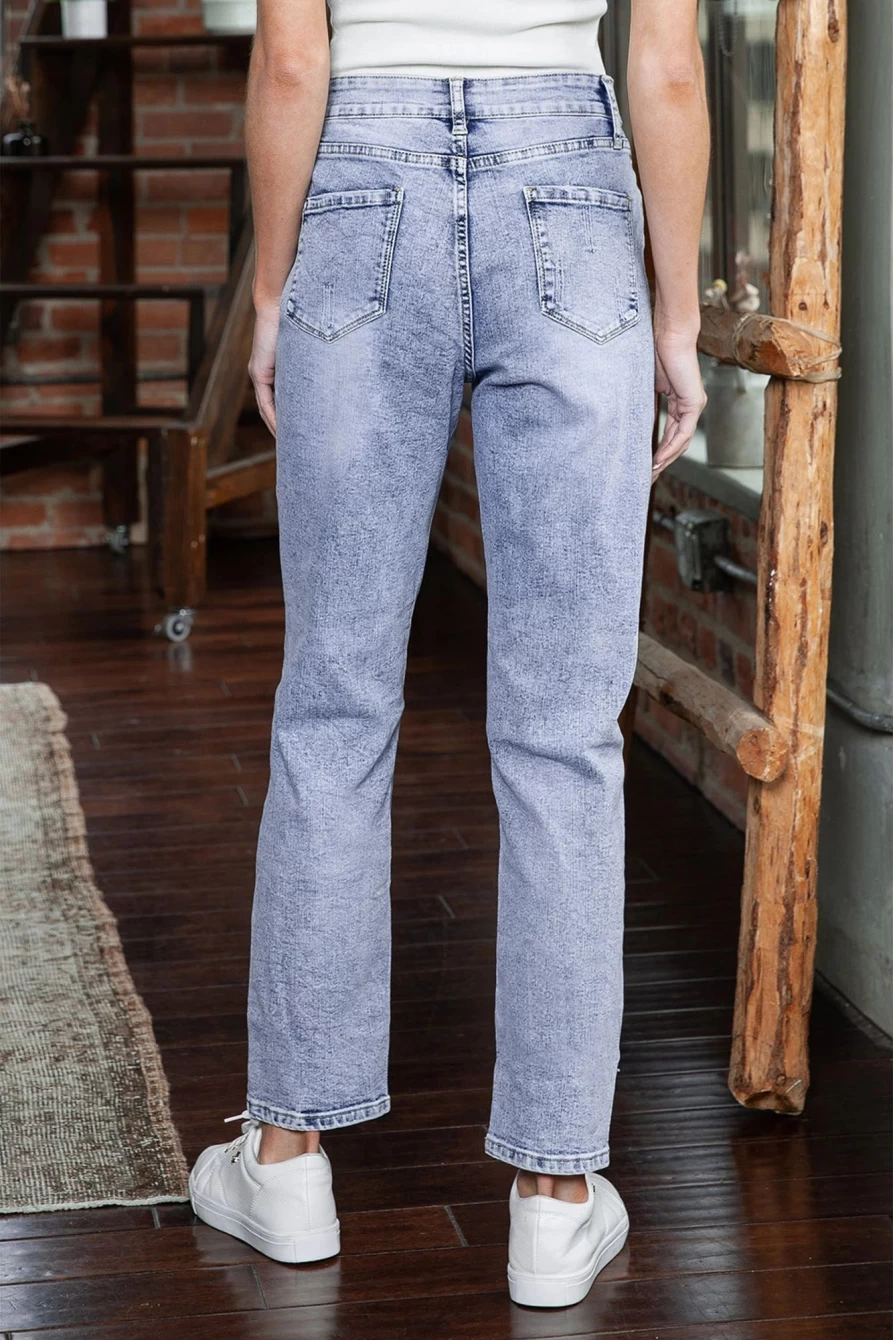 Shewin Women's Sky Blue Acid Wash Distressed Straight Leg Jeans