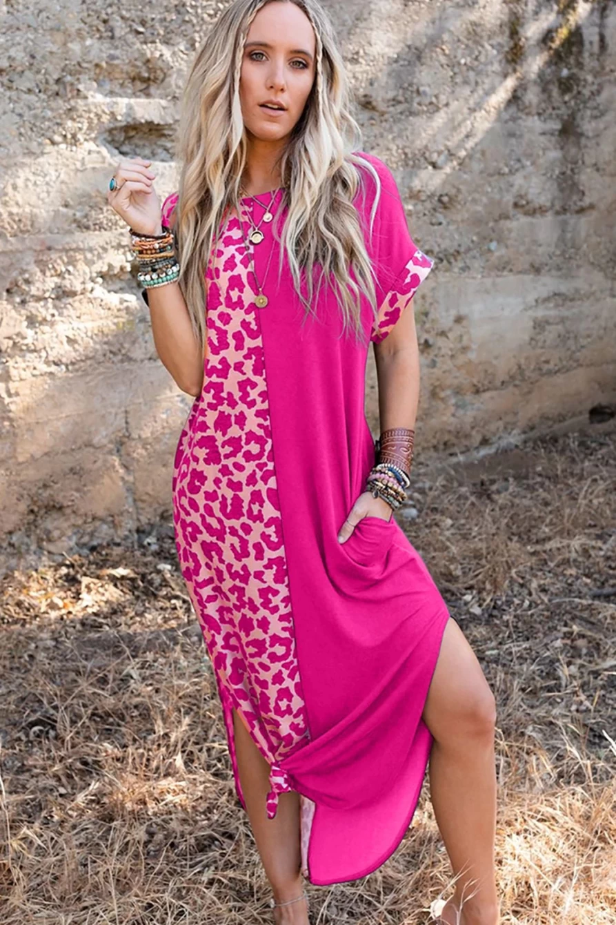 Shewin Women's Rose Leopard Print Patchwork T-Shirt Dress with Pockets and Side Slits