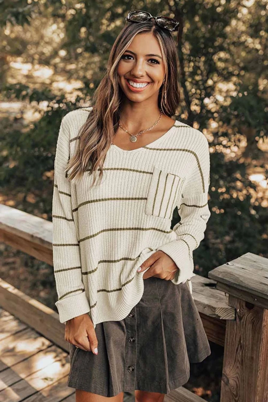 Women's Striped Casual Knit Long Sleeve Sweater with Chest Pocket - Shewin
