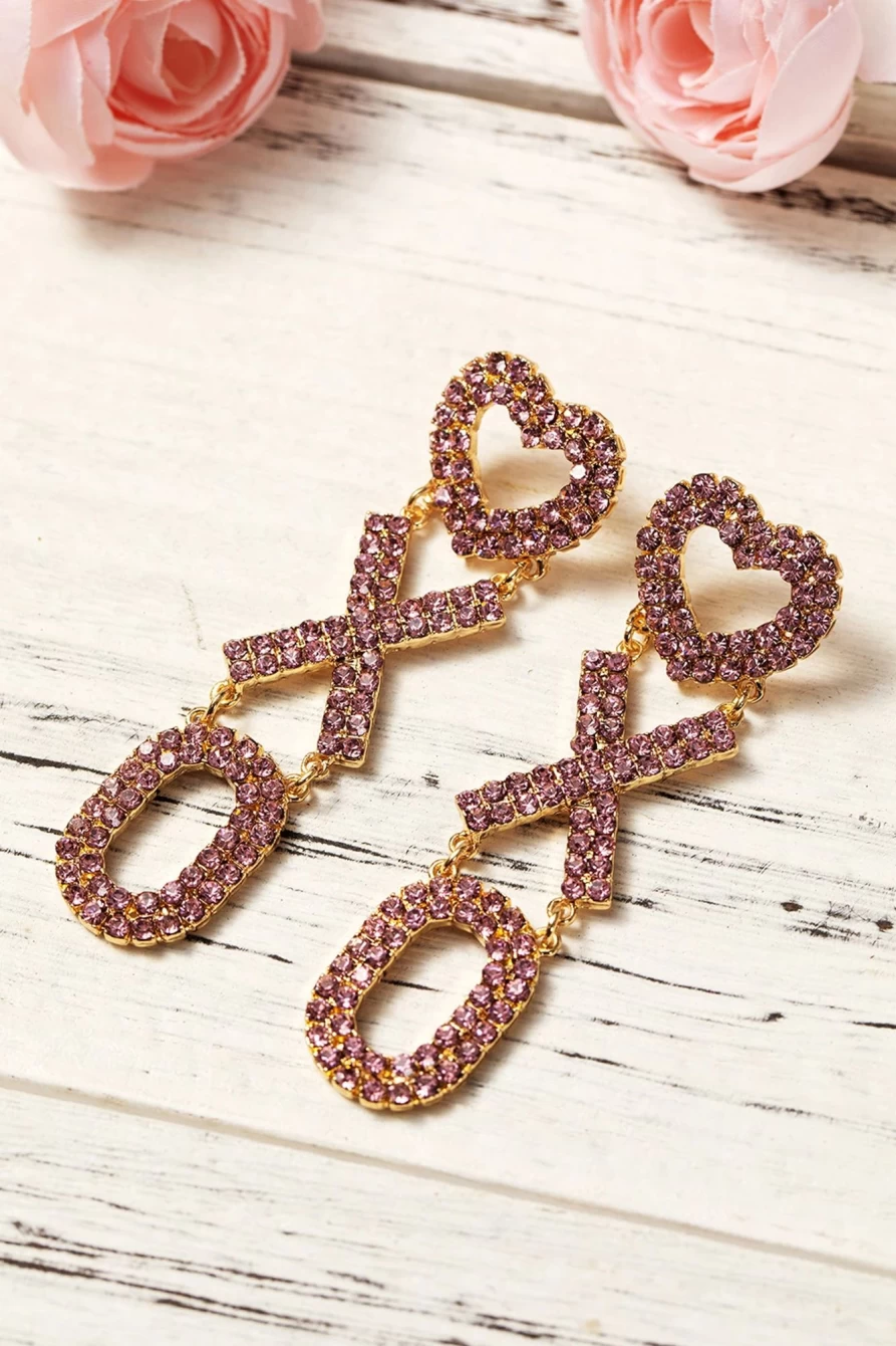 Shewin Bright Pink XOXO Rhinestone Heart Earrings for Women Valentine's Day Gift