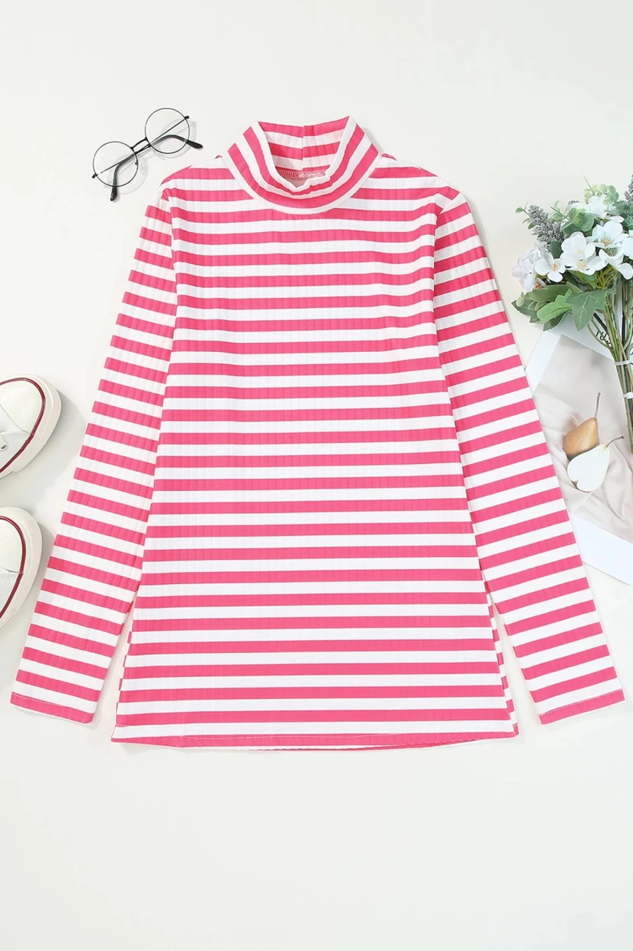 Shewin Women's Strawberry Pink Striped Ribbed Knit Mock Neck Long Sleeve Top