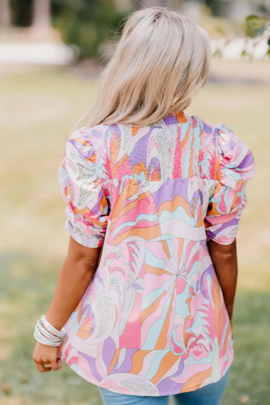Shewin Women's Pink Abstract Print Blouse with Smocked Detail & Bubble Sleeves