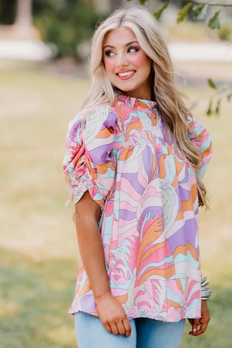 Shewin Women's Pink Abstract Print Blouse with Smocked Detail & Bubble Sleeves
