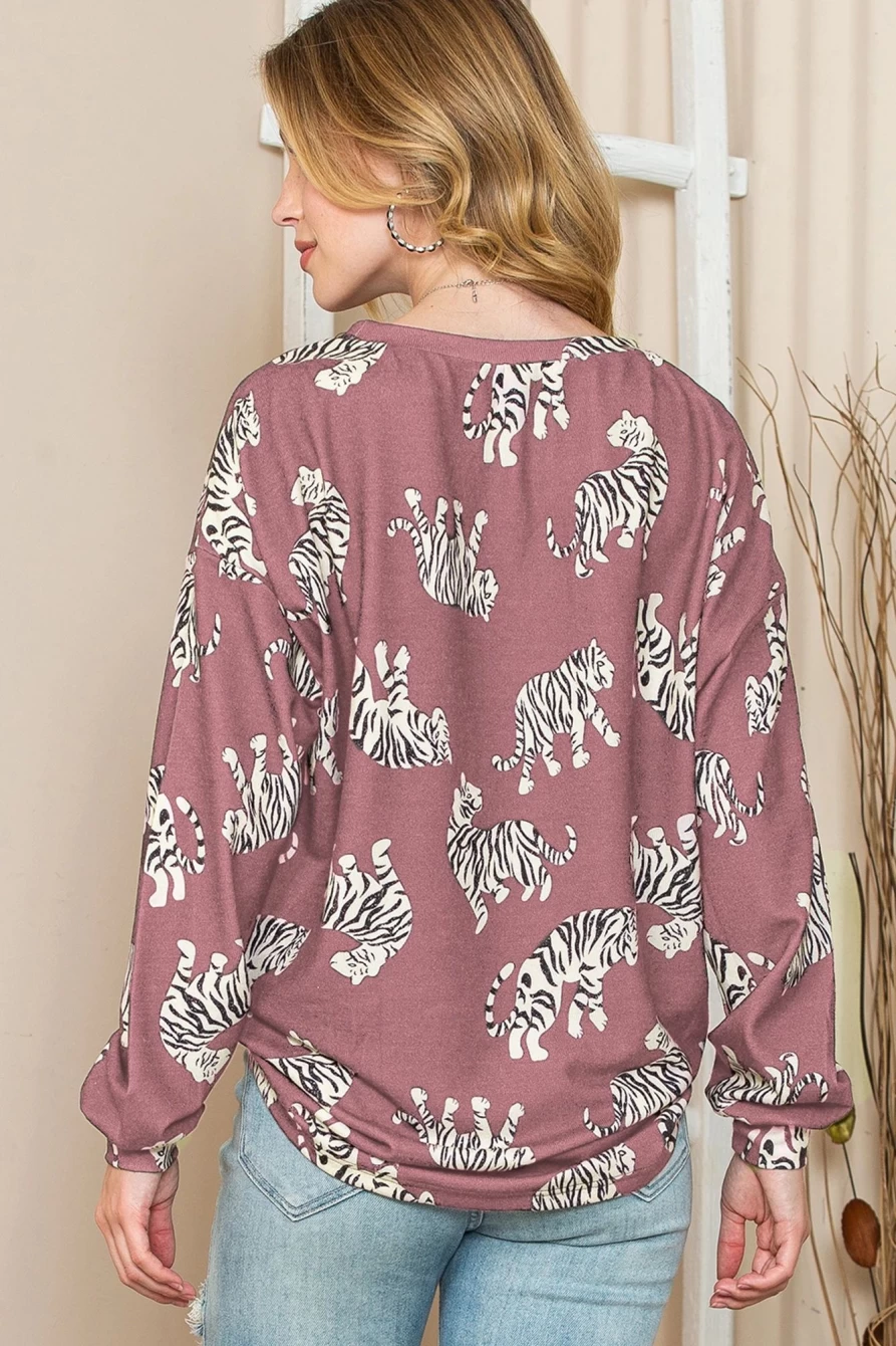 Women's Rose Red Animal Print Drop Sleeve Pullover Sweatshirt | SHEWIN Cozy Knit Top