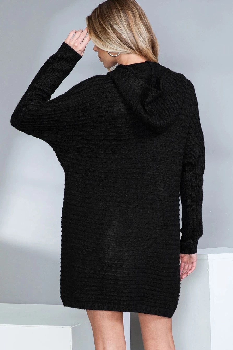 Women's Black Horizontal Rib Knitted Open Front Hooded Cardigan - Shewin