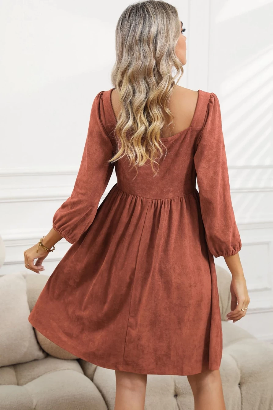 Shewin Women's Brown Washed Square Neck High Waist Flared Short Dress