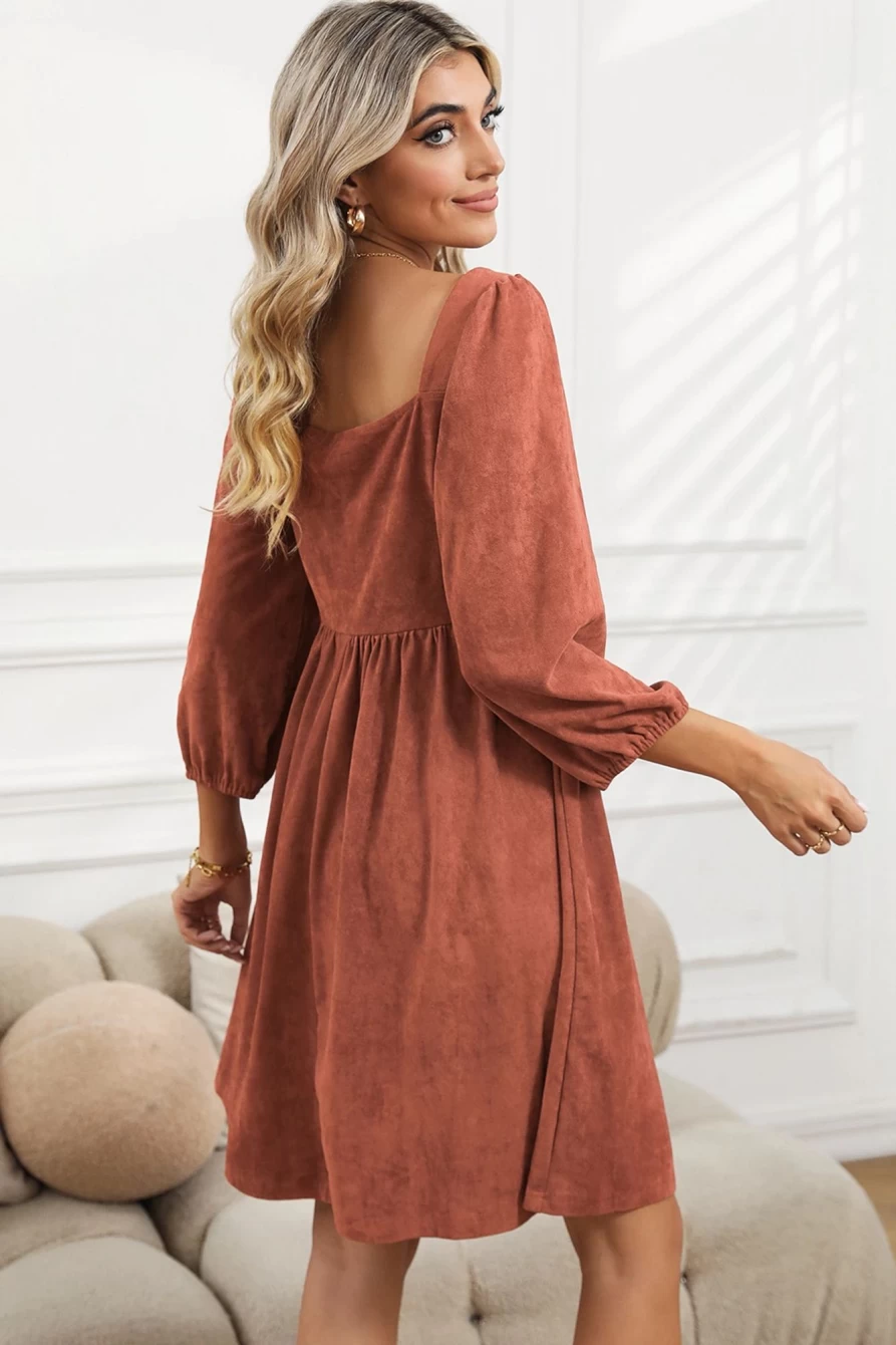 Shewin Women's Brown Washed Square Neck High Waist Flared Short Dress