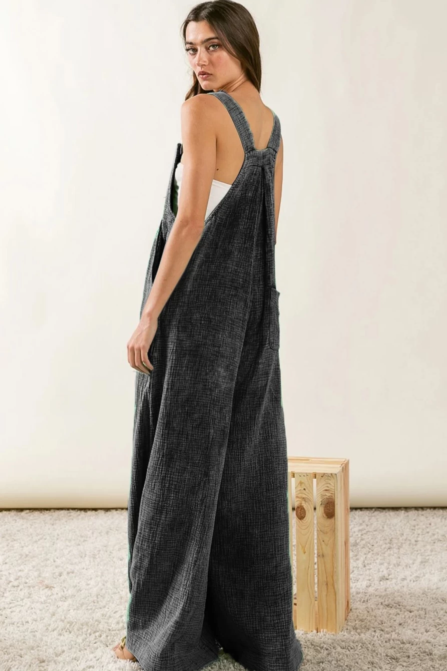 Shewin Women's Black Crinkle Wide Leg Loose Fit Jumpsuit