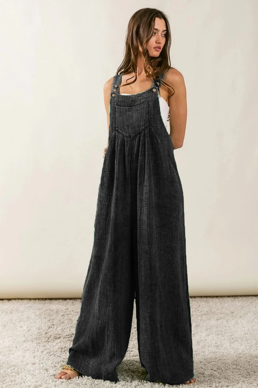 Shewin Women's Black Crinkle Wide Leg Loose Fit Jumpsuit
