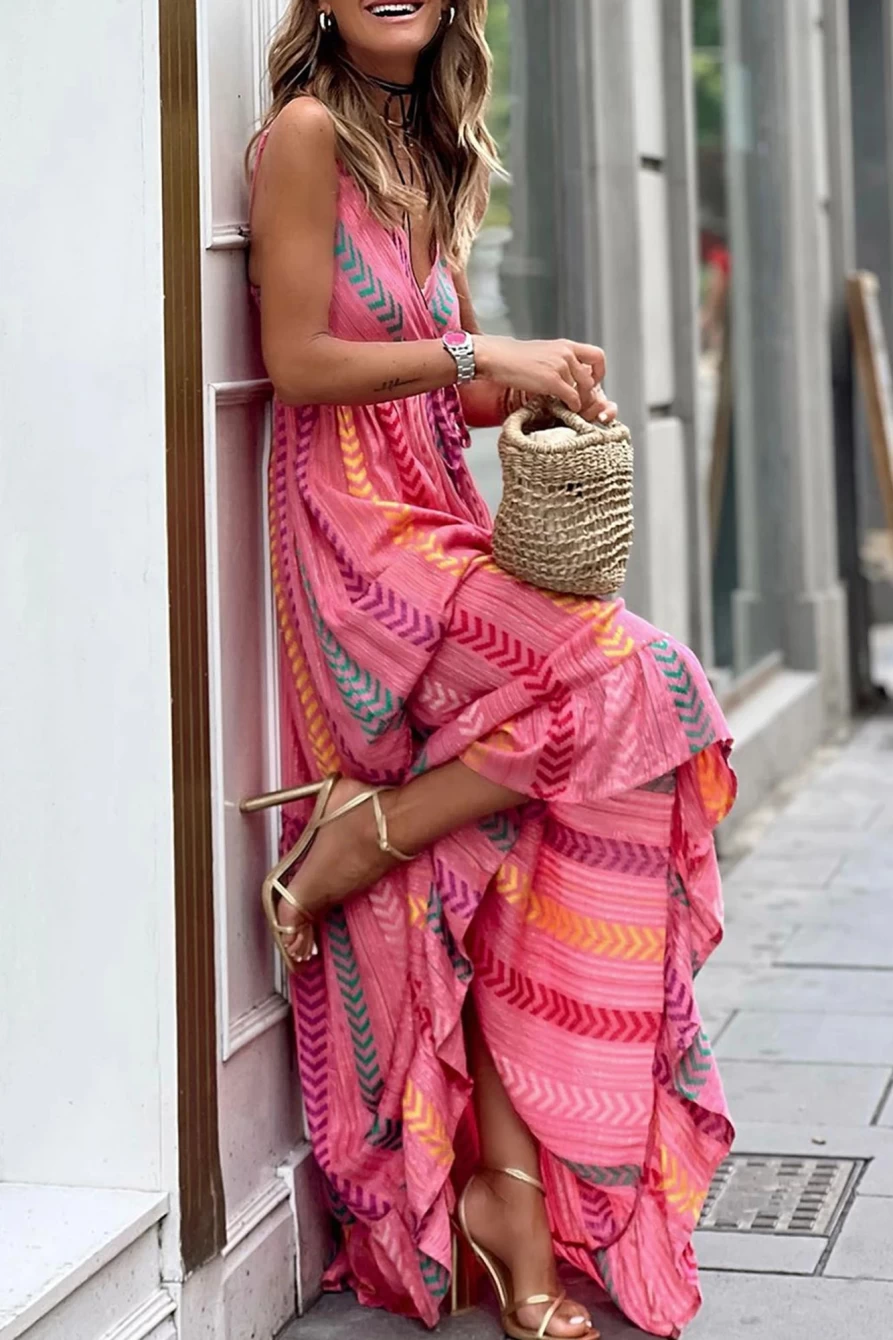 Shewin Women's Boho Pink Maxi Dress with V Neck and Tassel Tie Wrap Detail