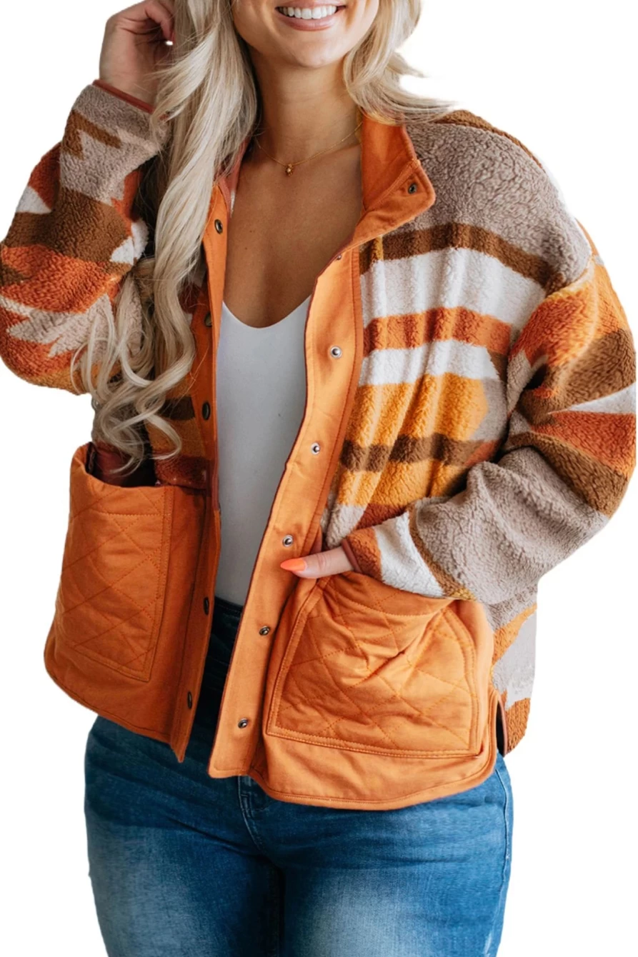 Shewin Women's Plus Size Chestnut Quilted Furry Jacket with Patch Pockets