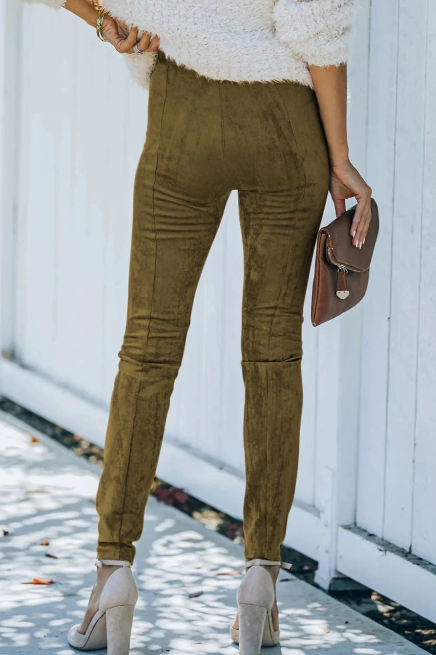 Shewin Women's Jungle Green Faux Suede Mid Rise Skinny Leggings