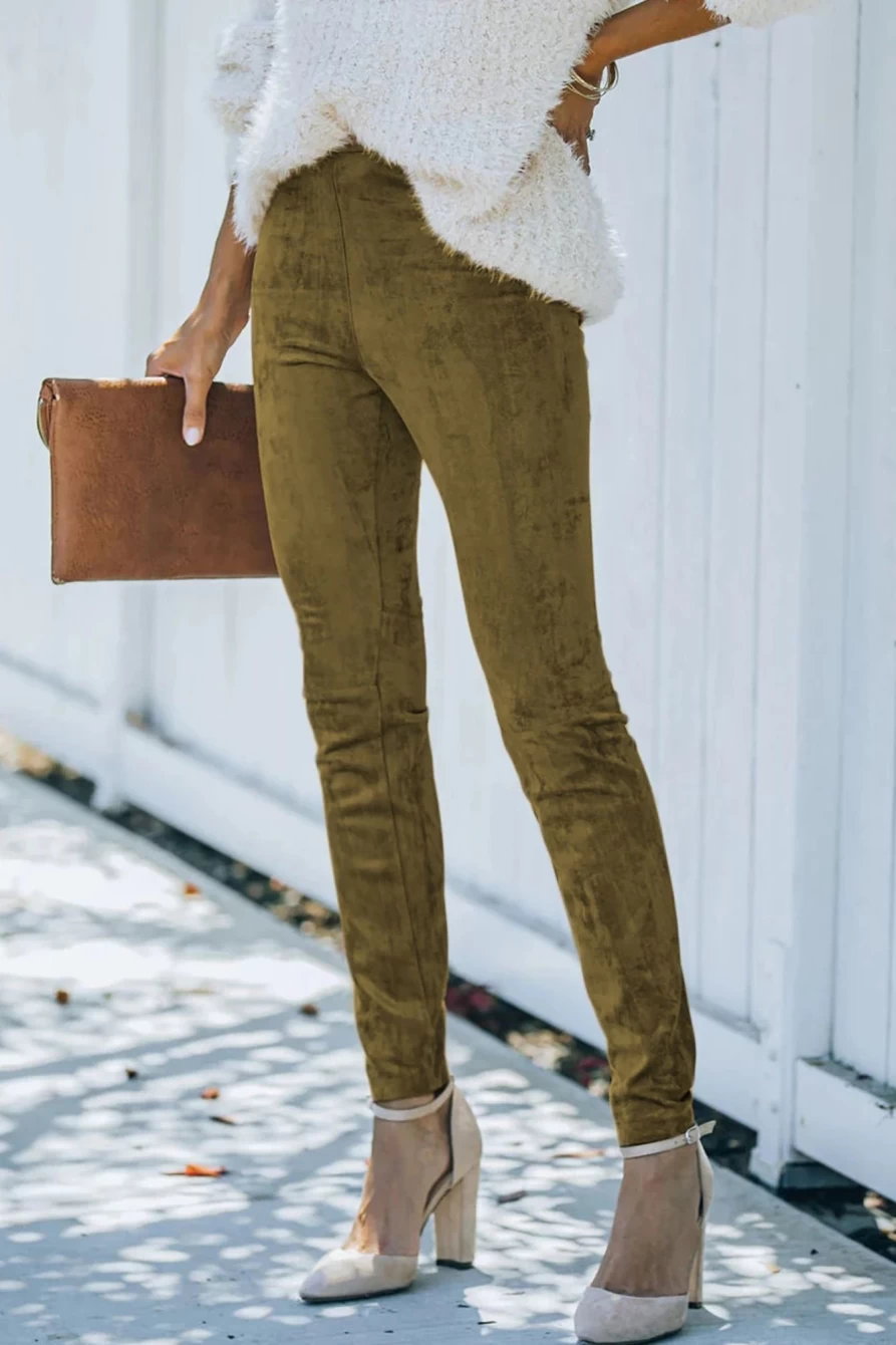 Shewin Women's Jungle Green Faux Suede Mid Rise Skinny Leggings