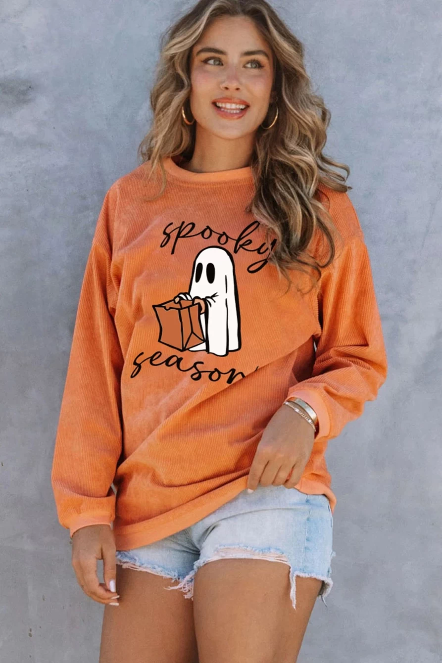 Shewin Women's Orange-3 Spooky Ghost Print Ribbed Pullover Sweatshirt for Halloween