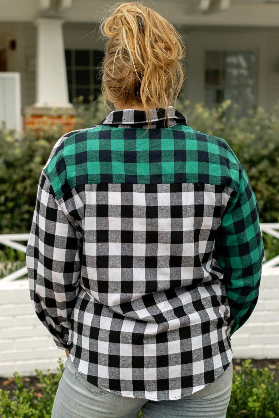 Shewin Women's Verdant Plaid Color Block Buttoned Plus Size Shacket