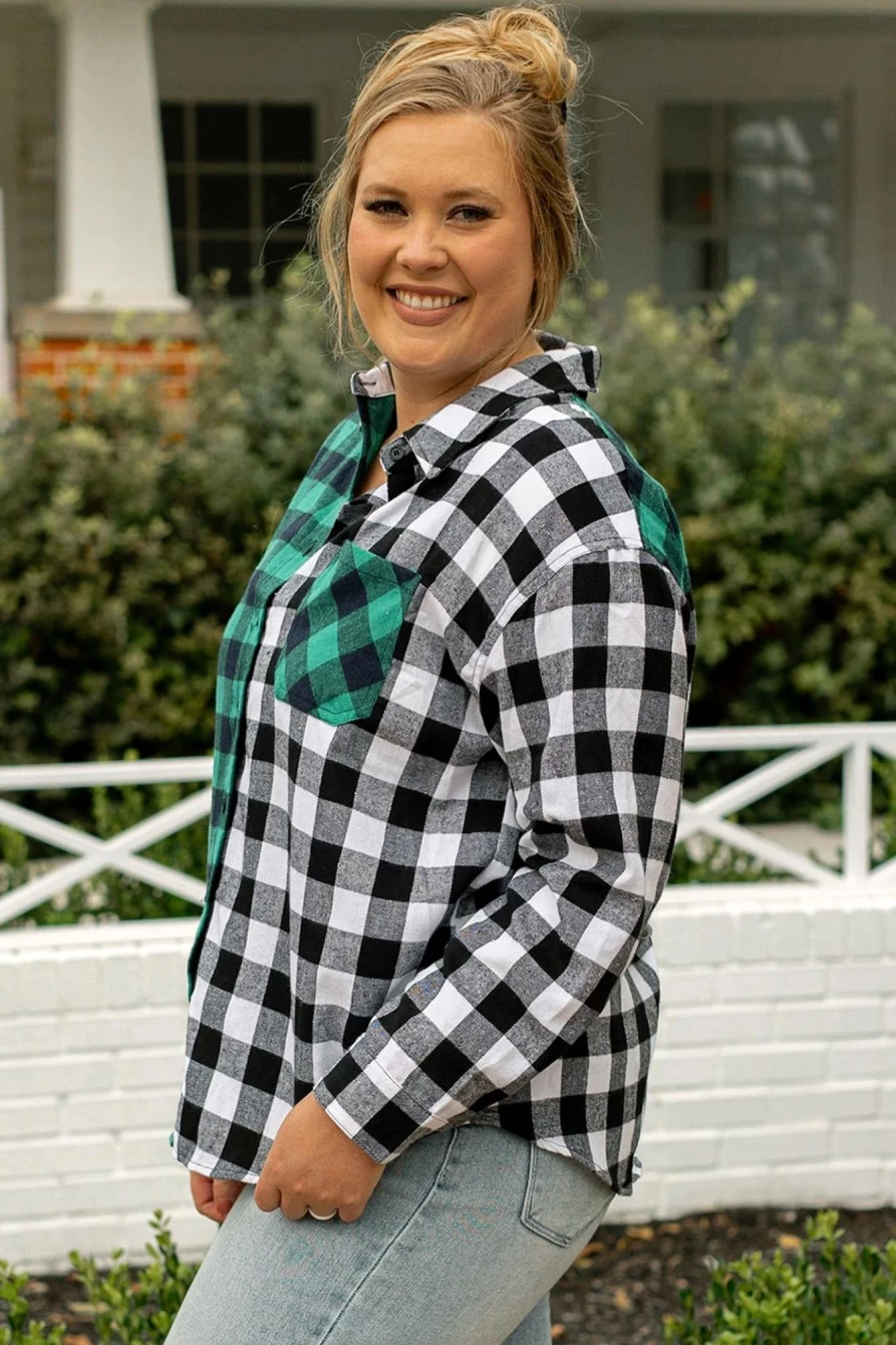 Shewin Women's Verdant Plaid Color Block Buttoned Plus Size Shacket