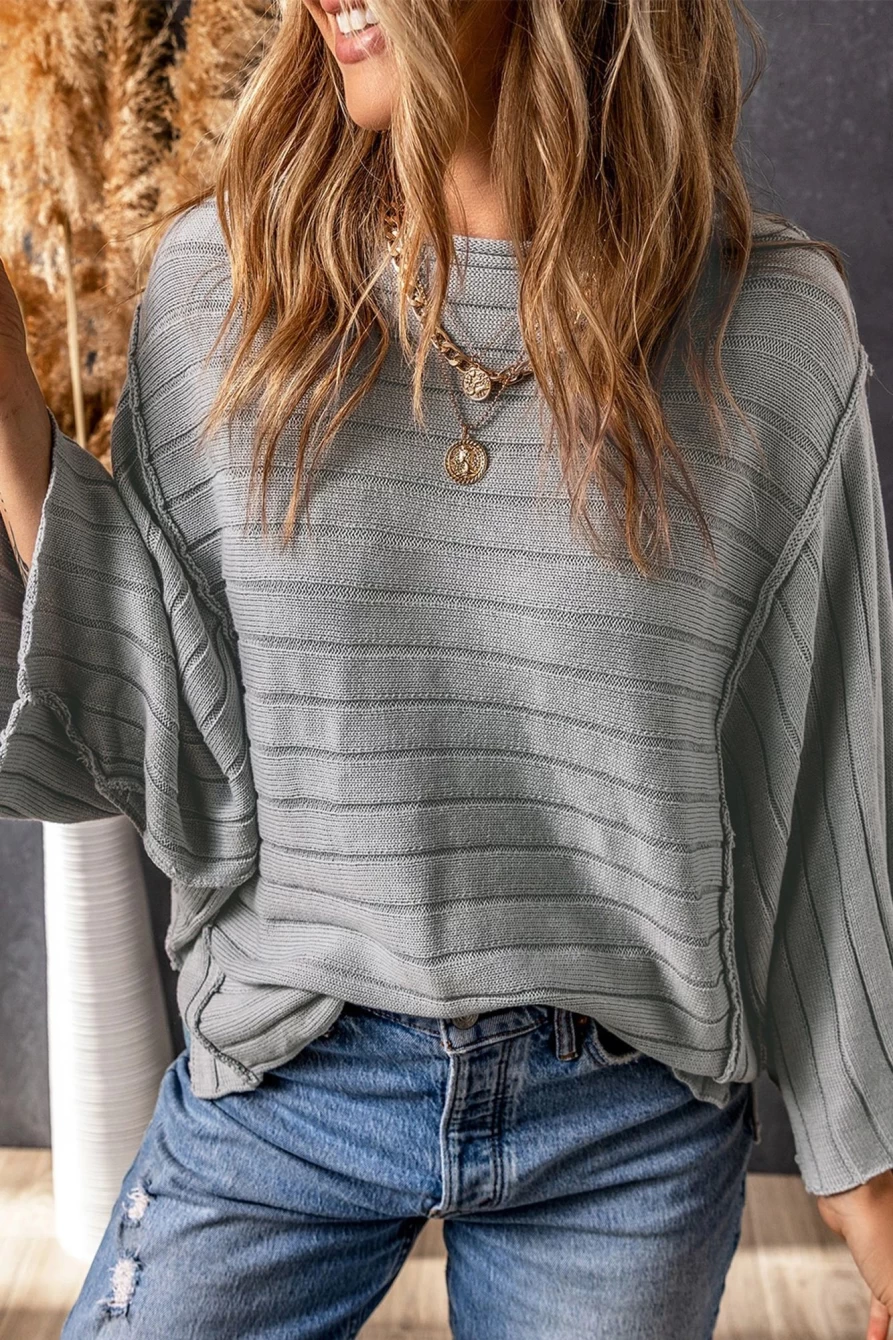 Women's Gray Solid Color Ribbed Knit 3/4 Sleeve Pullover Sweater | Shewin