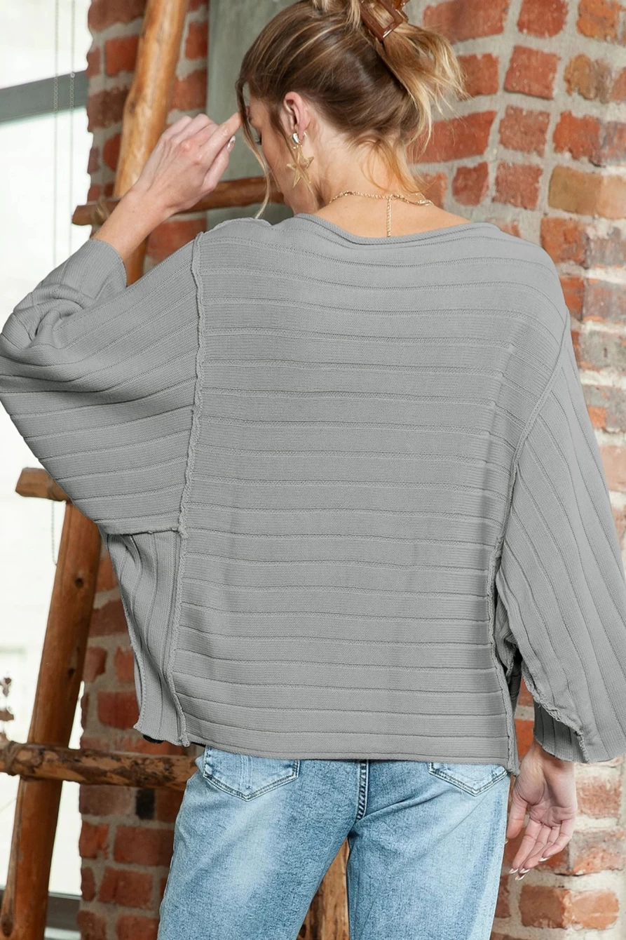 Women's Gray Solid Color Ribbed Knit 3/4 Sleeve Pullover Sweater | Shewin