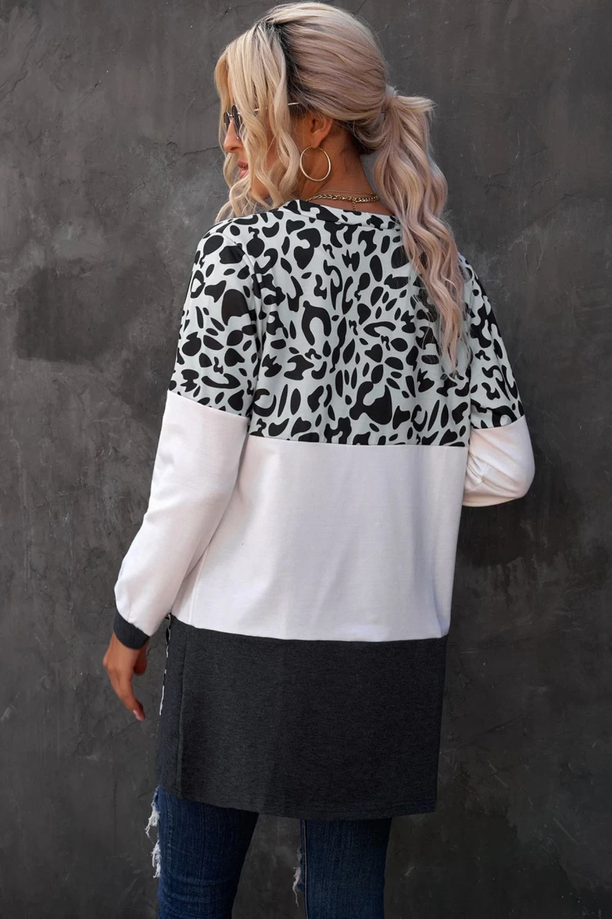 Shewin Women's Gray Leopard Print Cardigan with Pockets - Stylish Block Pattern Knit Sweater