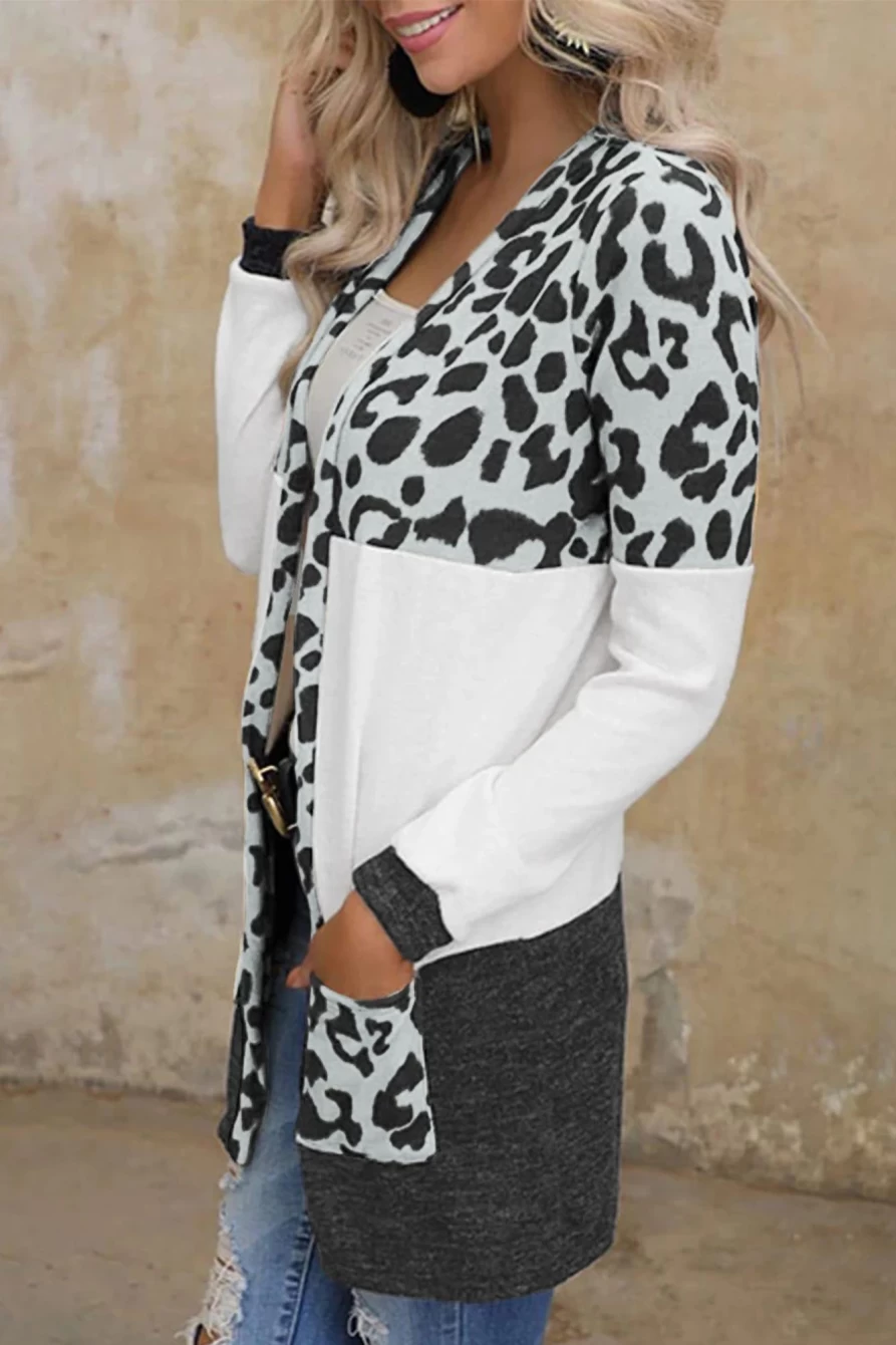 Shewin Women's Gray Leopard Print Cardigan with Pockets - Stylish Block Pattern Knit Sweater