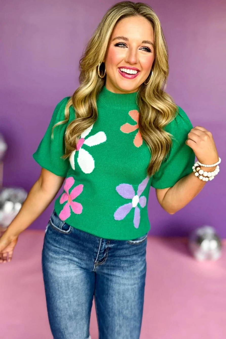 Shewin Women's Bright Green Floral Bubble Short Sleeve Knitted Top