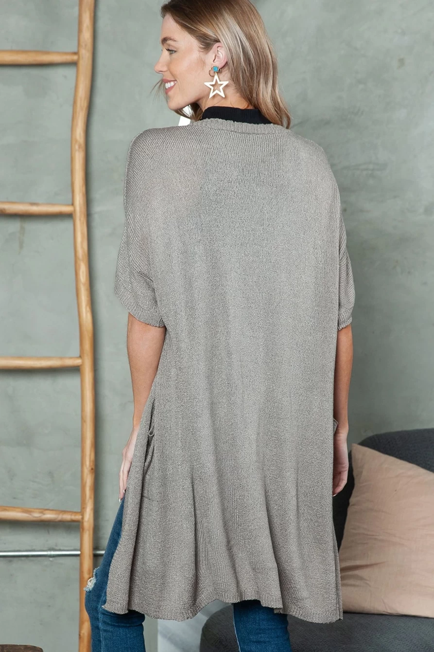 Shewin Women's Gray Dolman Long Cardigan with Half Sleeves and Pockets