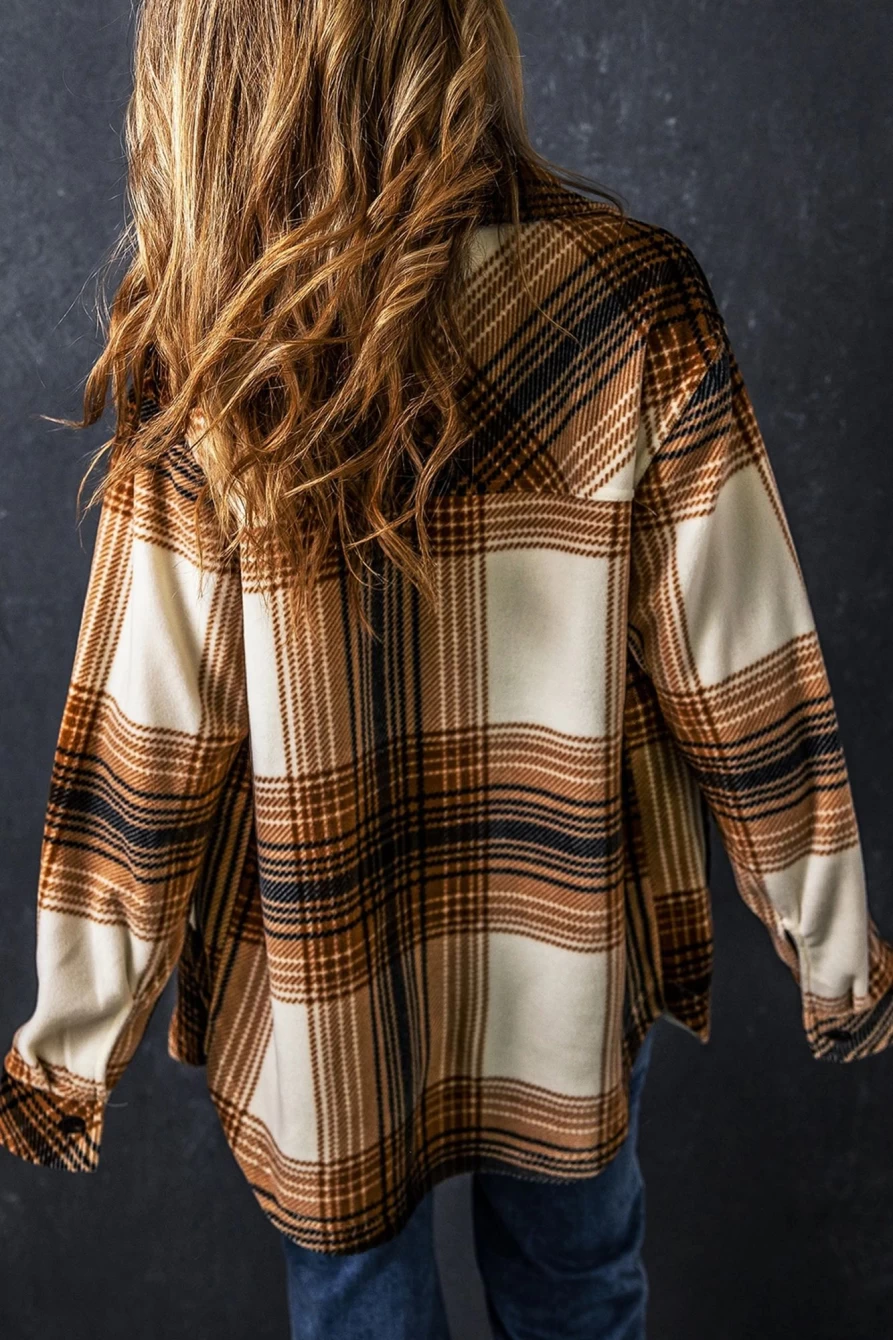 Shewin Women's Multicolour Plaid Print Shacket with Flap Pockets and Button-Up Design