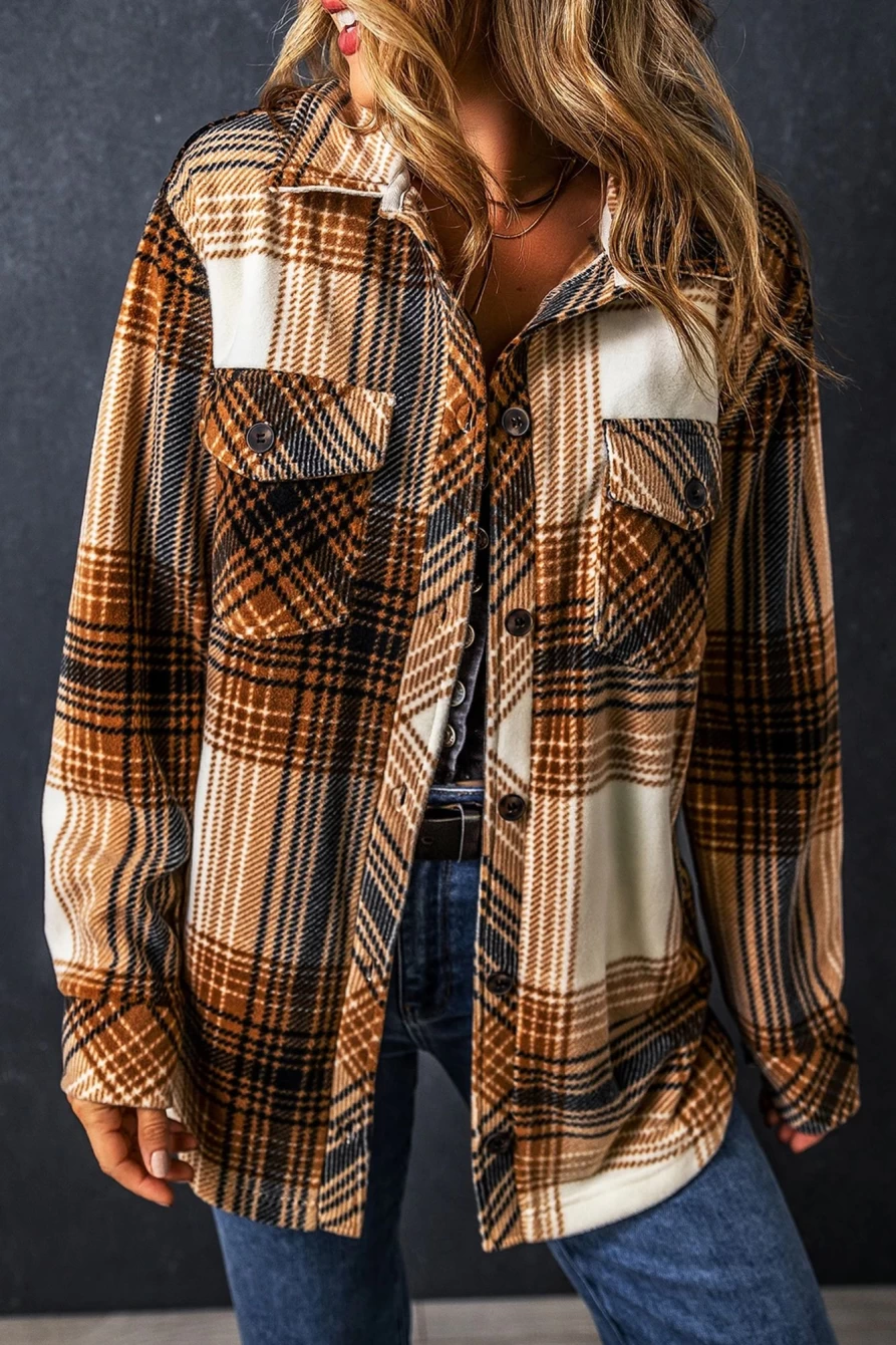 Shewin Women's Multicolour Plaid Print Shacket with Flap Pockets and Button-Up Design