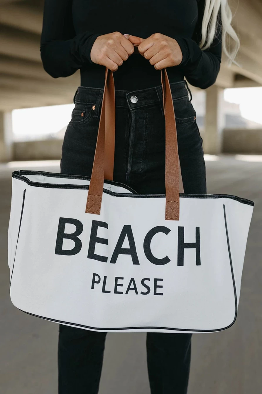 "Shewin Bright White Beach Please Print Large Canvas Tote Bag for Women"