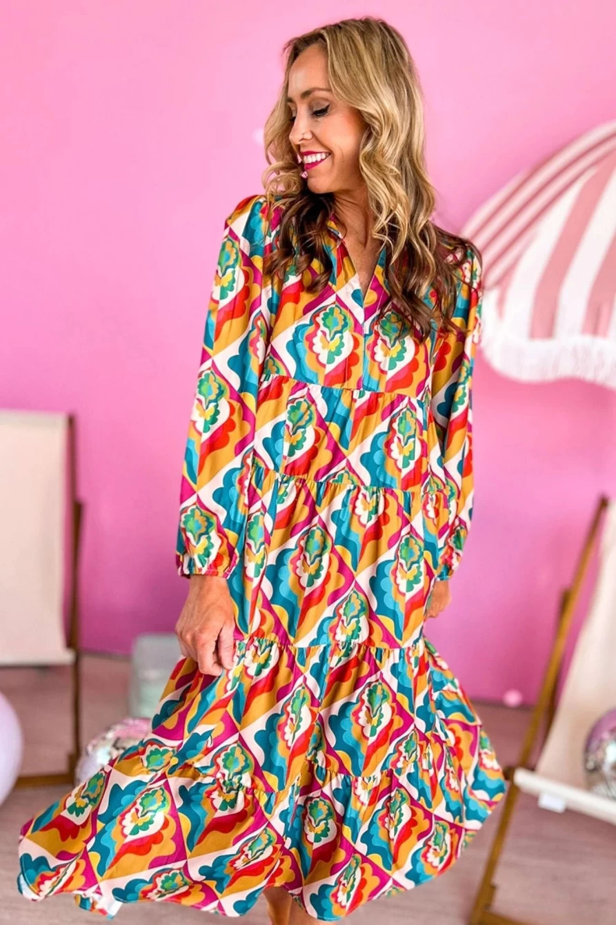 Shewin Women's Boho Tiered Dress with Abstract Geometric Print in Multicolor - Notch Neck Stylish Flowy Design