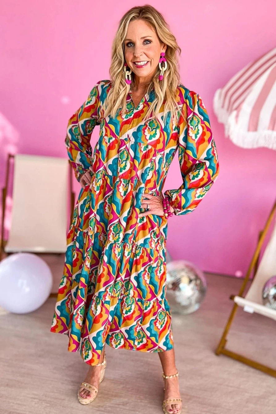 Shewin Women's Boho Tiered Dress with Abstract Geometric Print in Multicolor - Notch Neck Stylish Flowy Design