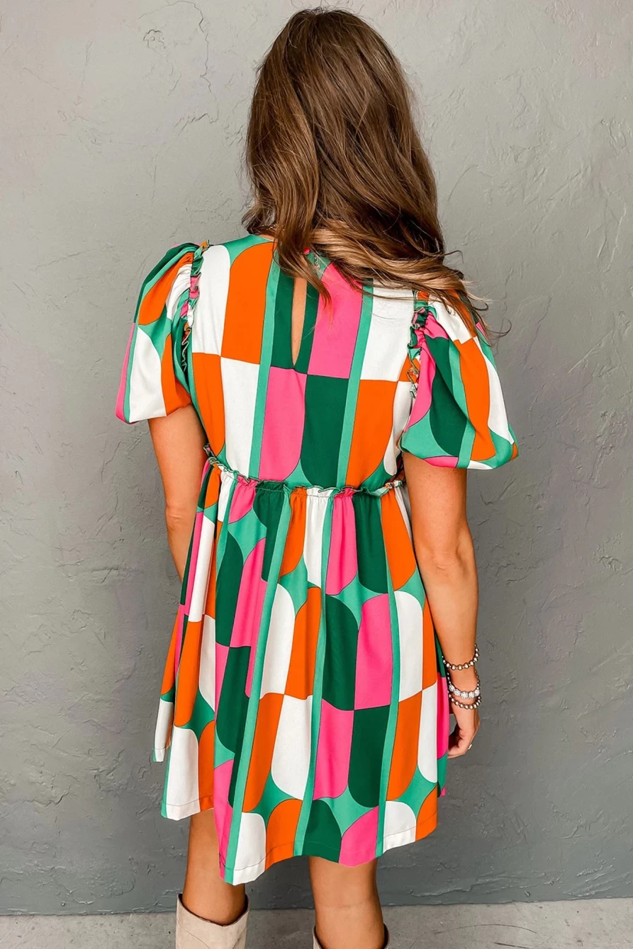 Shewin Women's Green Abstract Print Puff Sleeve Short Dress