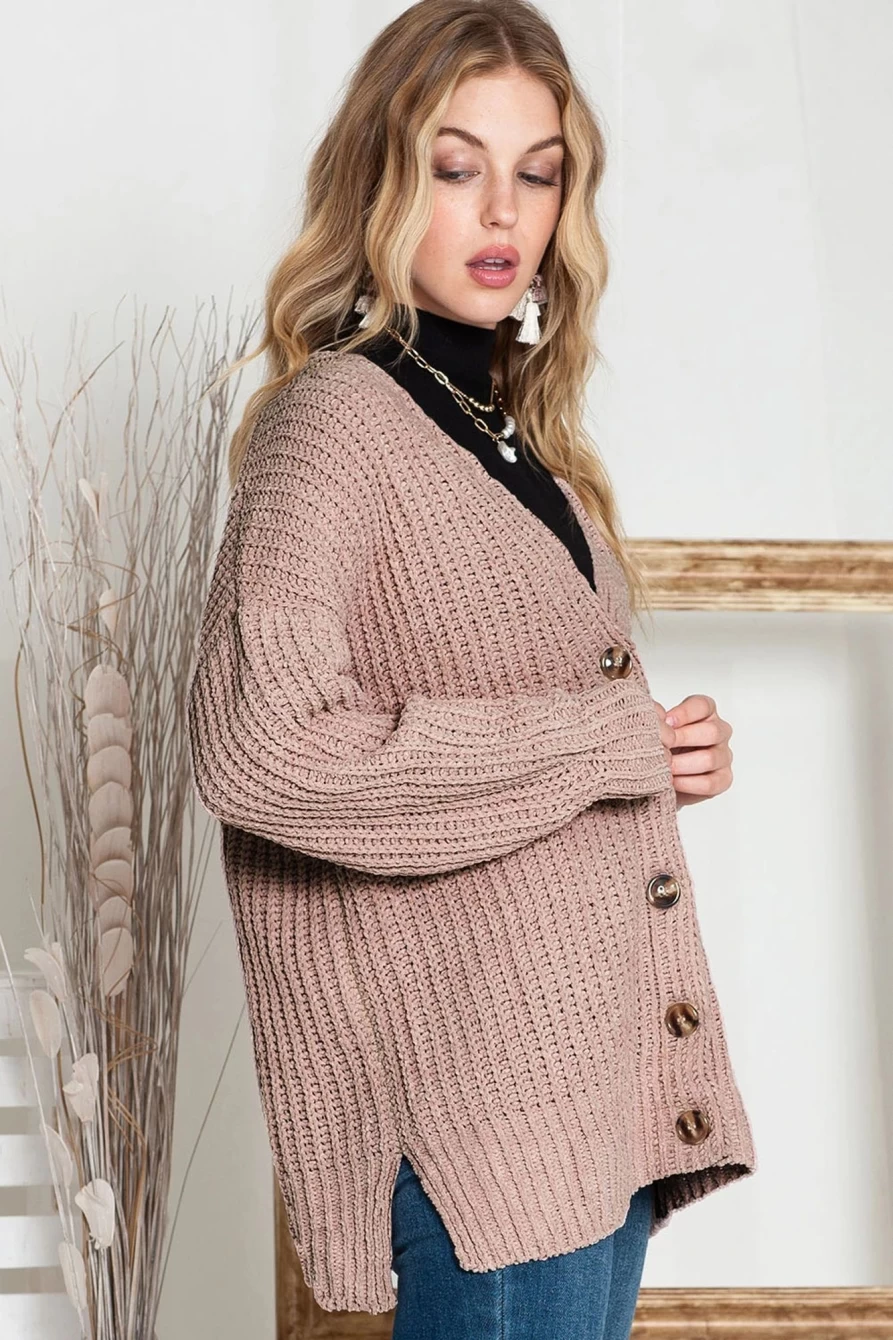 Women's Khaki Solid Color Casual Knit Cardigan with Buttons - Shewin