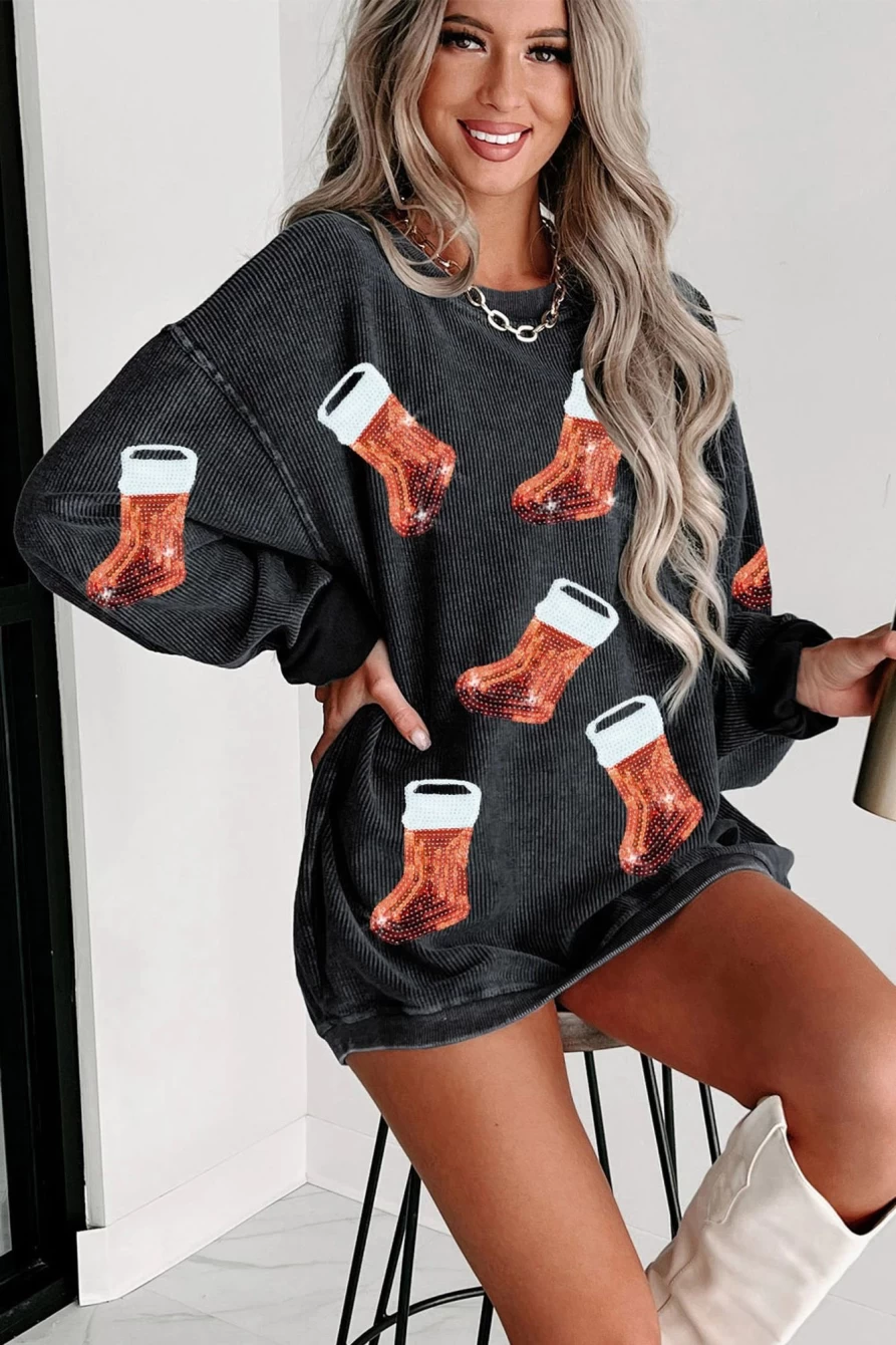 Shewin Women's Black Christmas Boots Graphic Corded Sweatshirt - Festive Holiday Sweatshirt with Shining Design