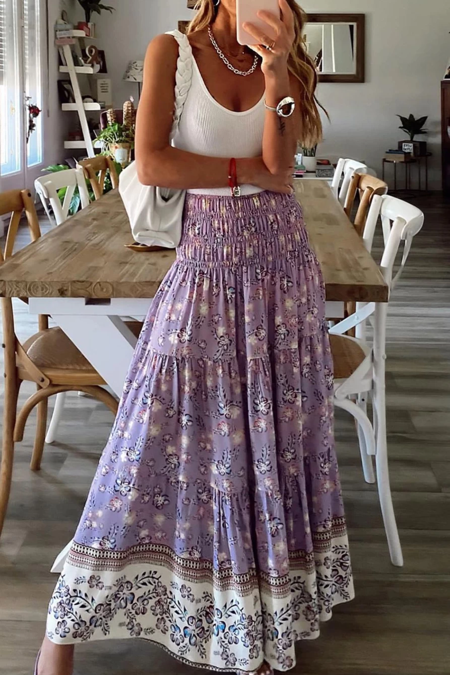 Shewin Women's Purple Floral Print Shirred High Waist Maxi Skirt