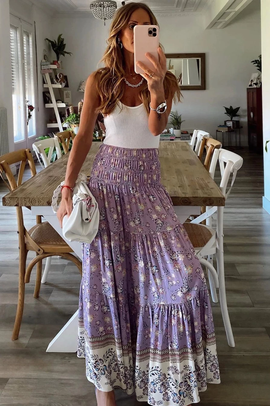 Shewin Women's Purple Floral Print Shirred High Waist Maxi Skirt