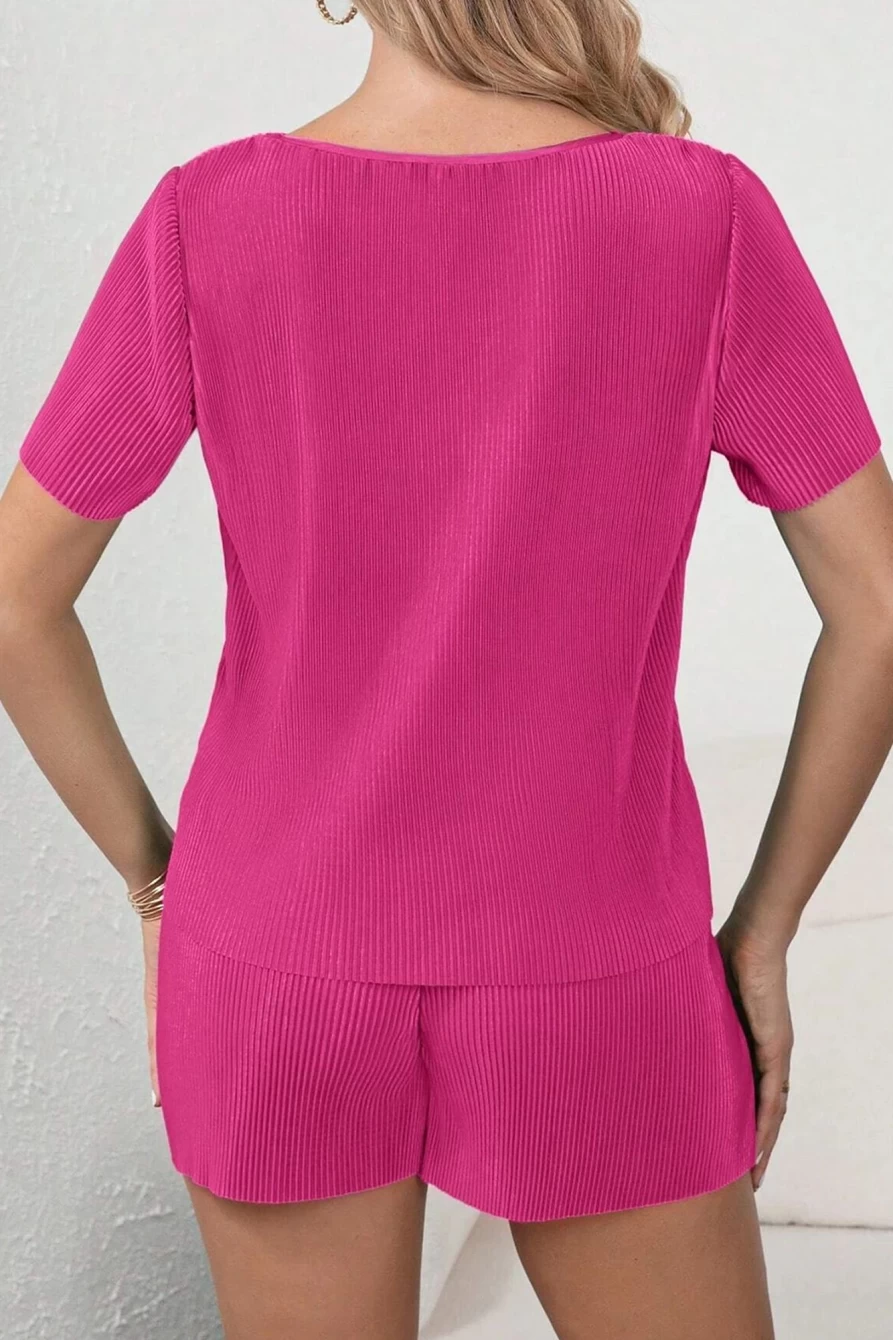 "SheWin Women's Bright Pink Ribbed Pleated Tee & Pocketed Shorts Set"
