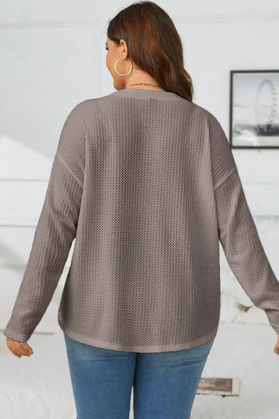 Shewin Women's Simply Taupe Waffle Knit Drop Shoulder Button Front Plus Size Top
