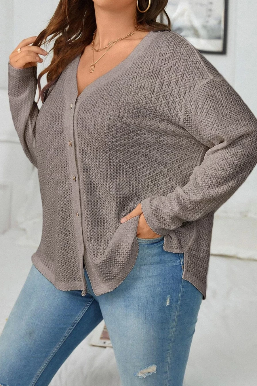 Shewin Women's Simply Taupe Waffle Knit Drop Shoulder Button Front Plus Size Top