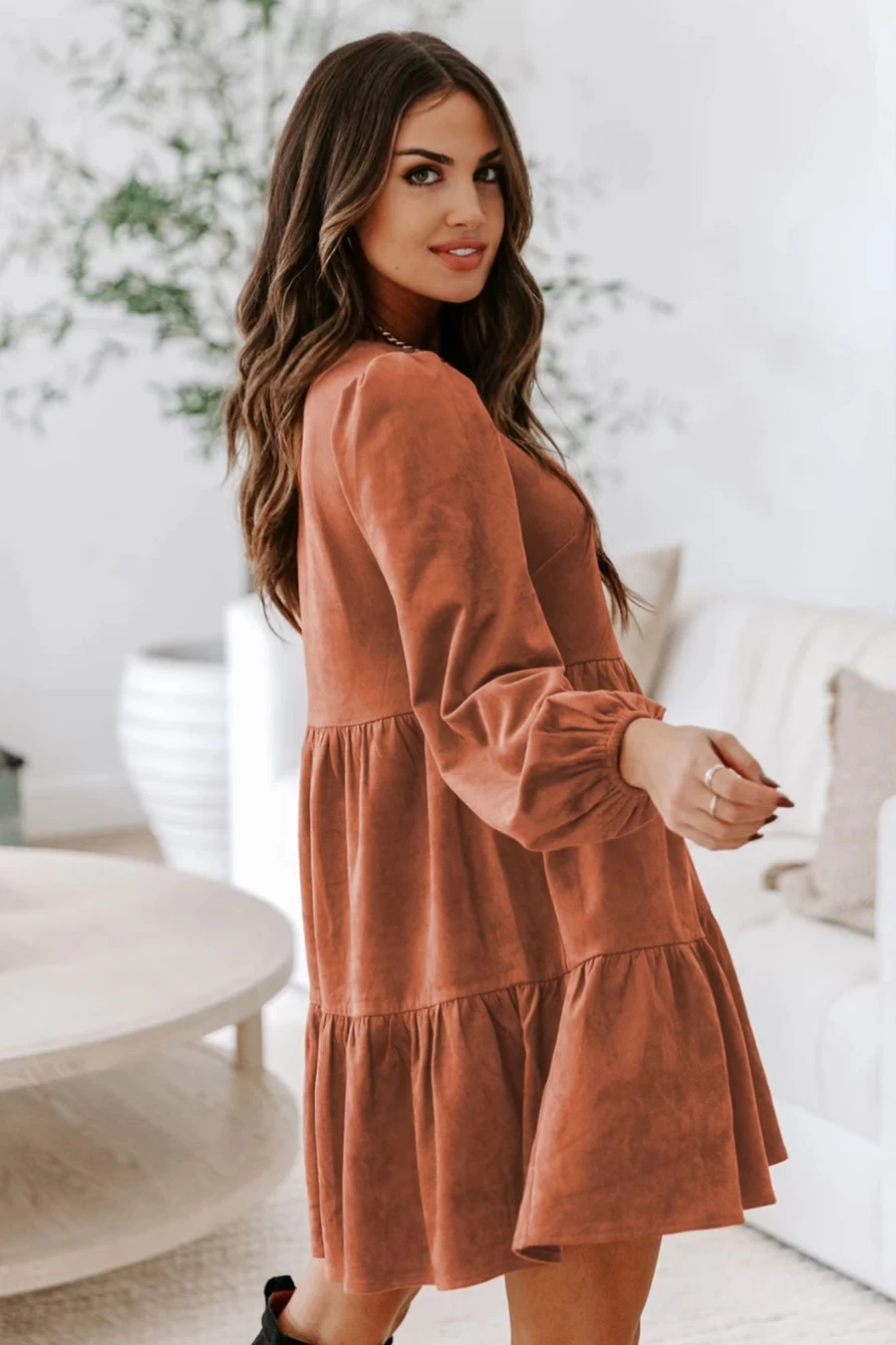 Shewin Women's Chestnut Faux Suede Tiered Babydoll Mini Dress