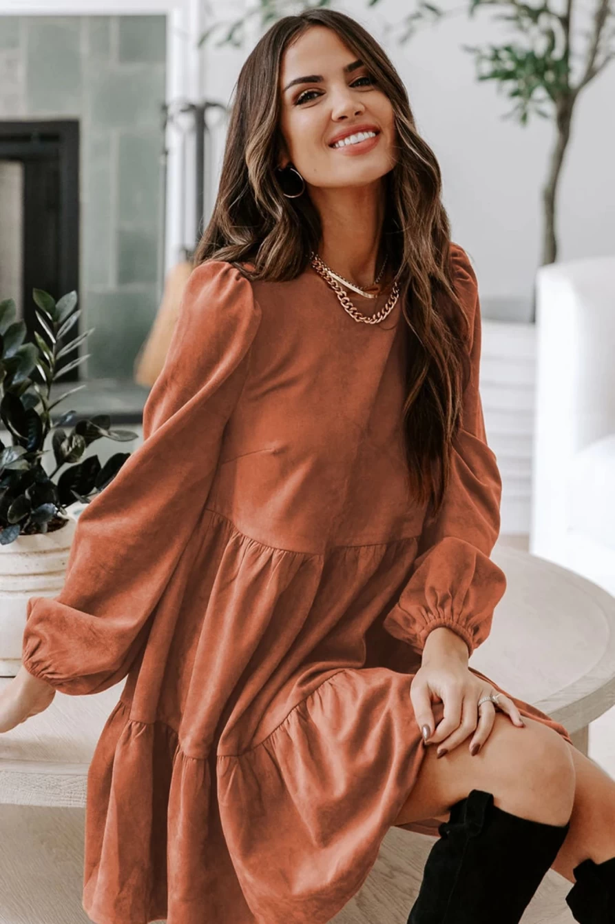 Shewin Women's Chestnut Faux Suede Tiered Babydoll Mini Dress