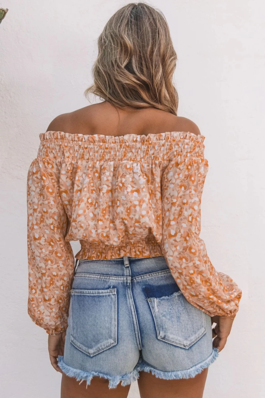 Shewin Women's Orange Floral Print Smocked Off-Shoulder Top with Lantern Sleeves