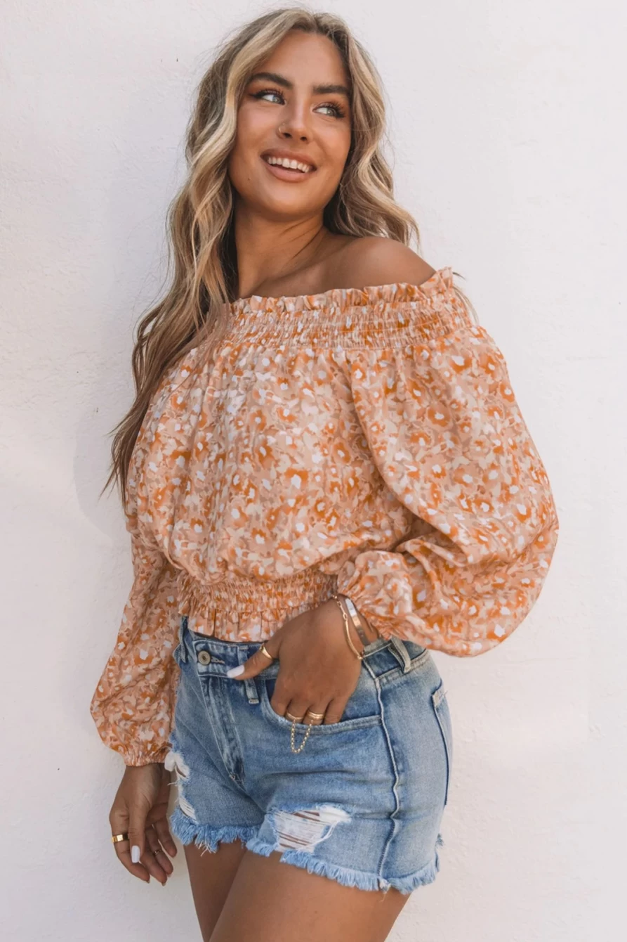 Shewin Women's Orange Floral Print Smocked Off-Shoulder Top with Lantern Sleeves