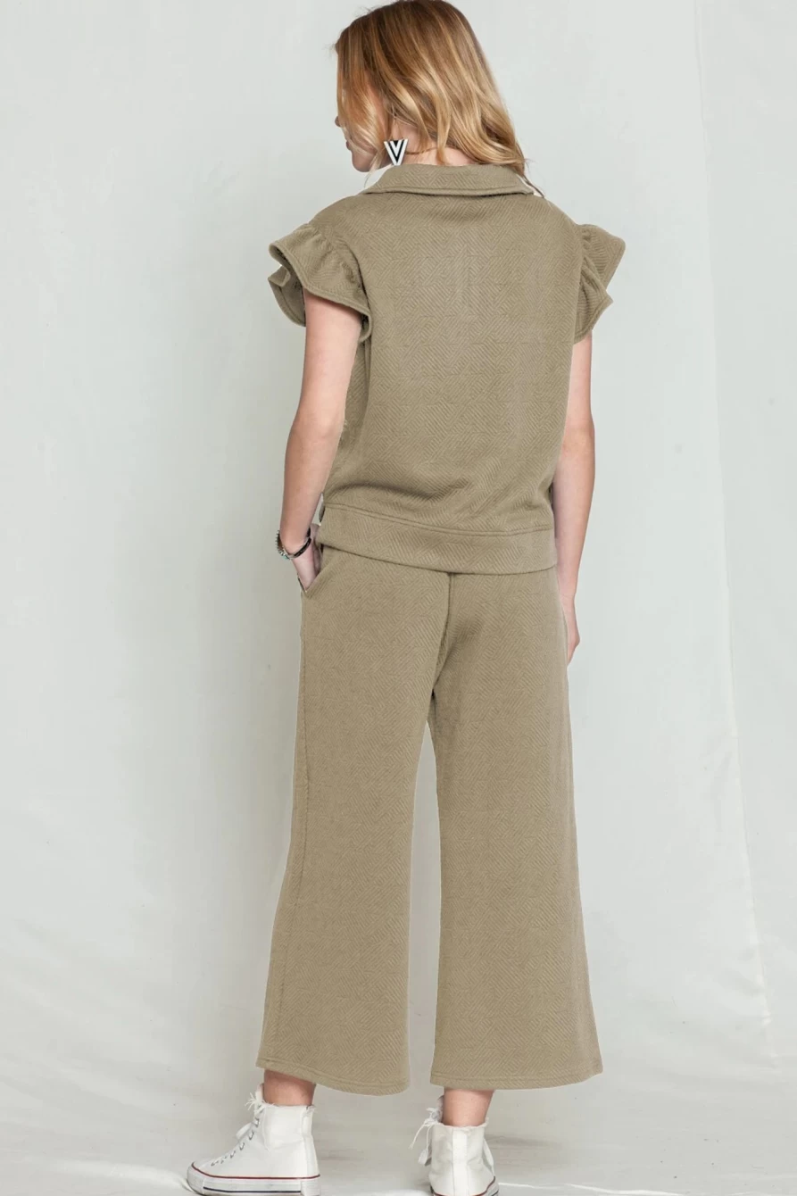 Shewin Women's Pale Khaki Textured Ruffle Cap Sleeve Top & Wide Leg Pants Set