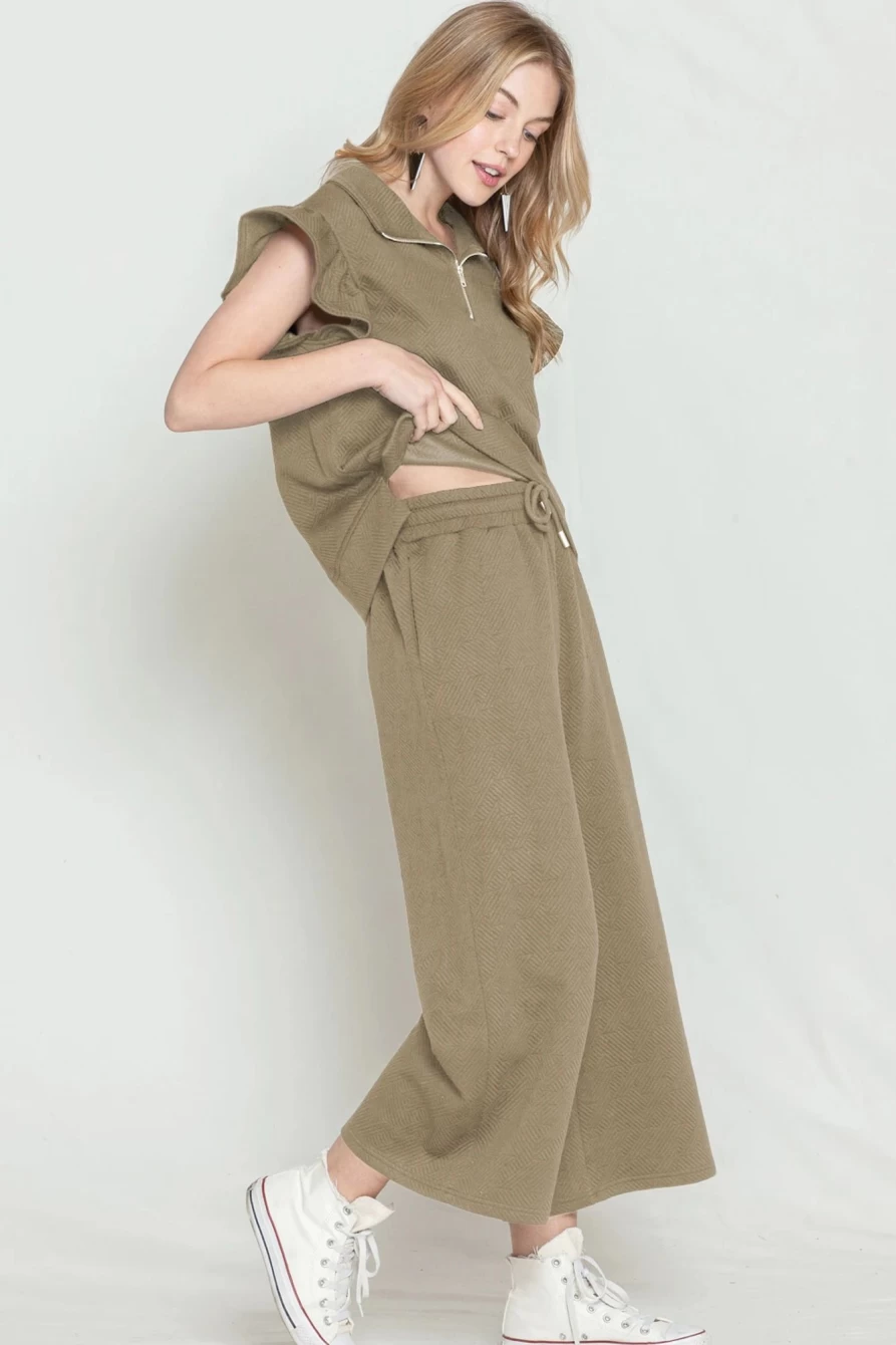 Shewin Women's Pale Khaki Textured Ruffle Cap Sleeve Top & Wide Leg Pants Set