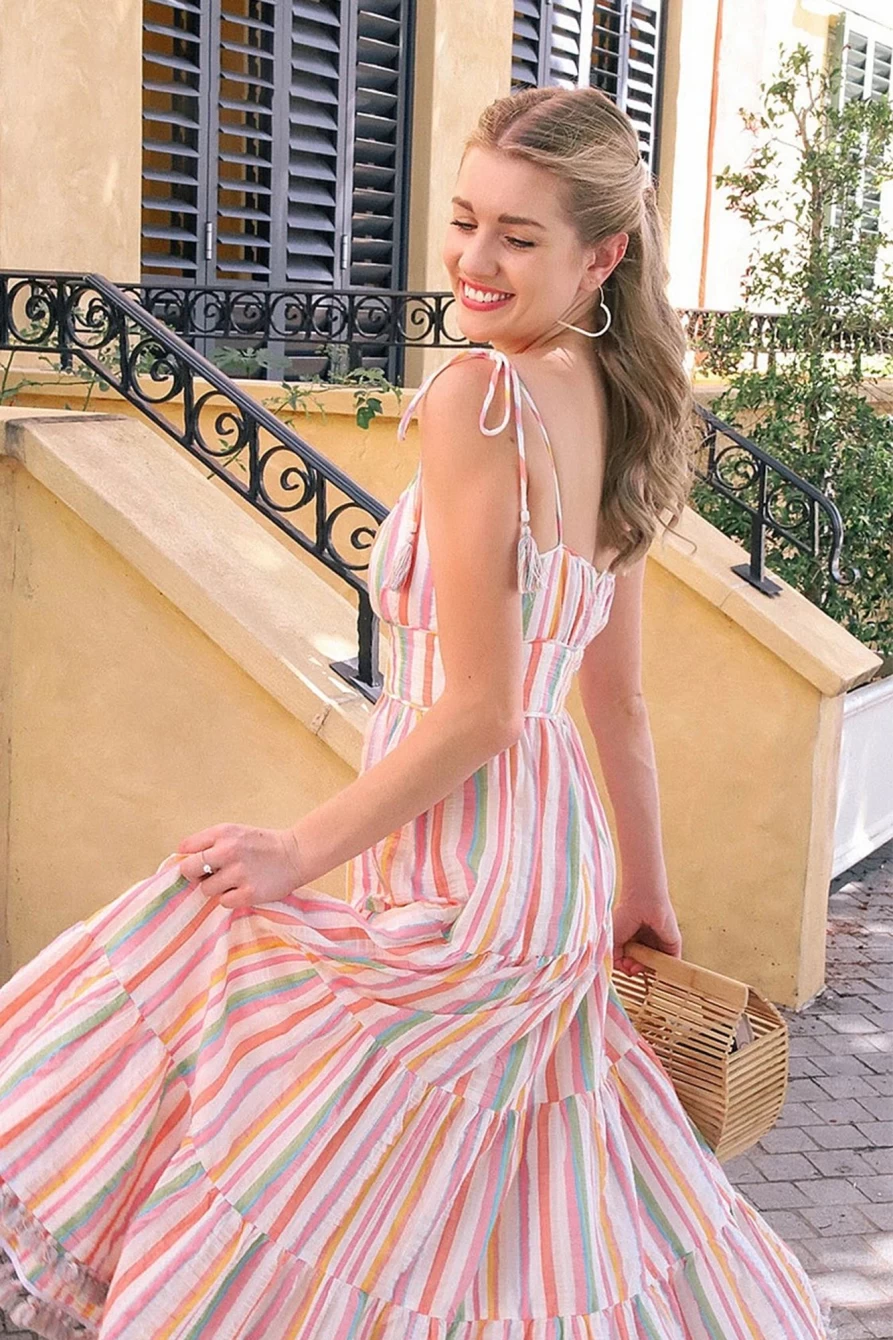 Shewin Women's Multicolor Striped Spaghetti Strap Fringe Maxi Dress