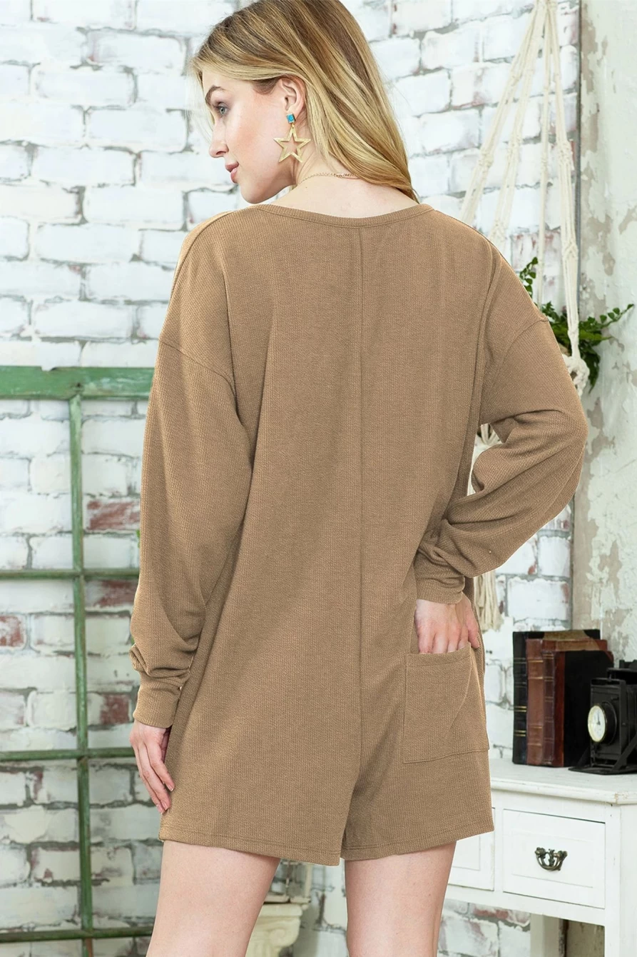 Shewin Women's Khaki Casual Henley Button V-Neck Romper with Pocket