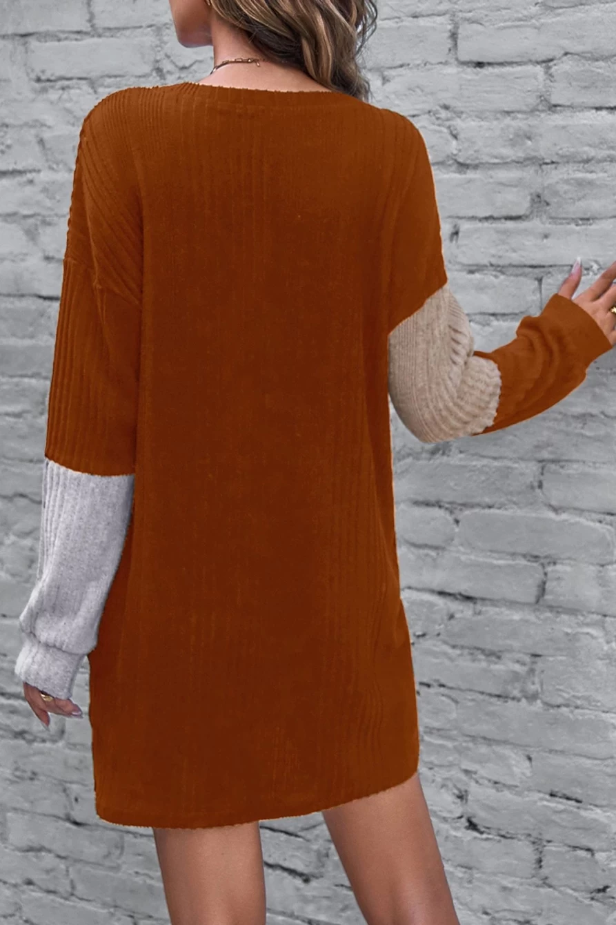 Shewin Women's Chestnut Ribbed Color Block Long Sleeve Drop Shoulder Short Dress